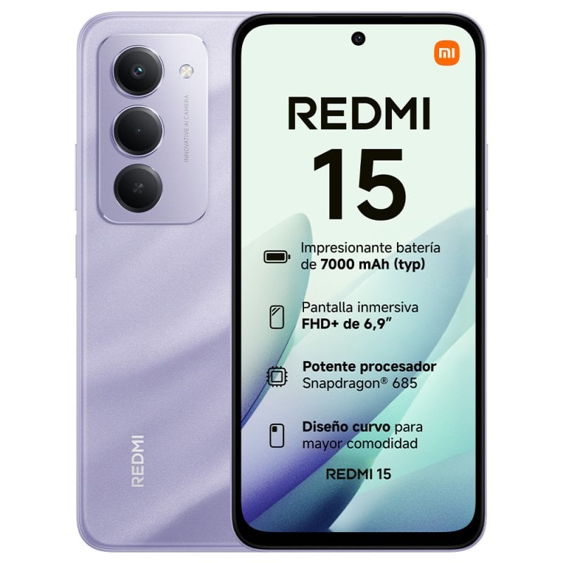 Xiaomi Redmi 15 4G 6 Go 128 Go 6,9" FHD+ 144 Hz 7000 mAh Double SIM NFC Violet sable Xiaomi Redmi 15 4G 6 Go 128 Go 6,9" FHD+ 144 Hz 7000 mAh Double SIM NFC Violet sable