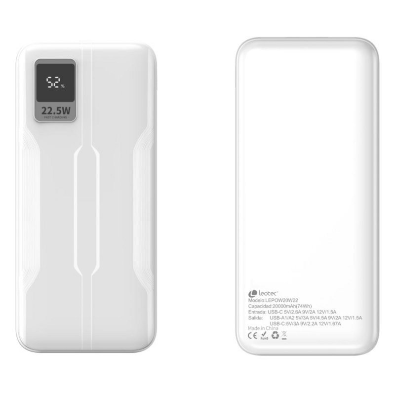 Powerbank Leotec 20 000 MAh – Charge Rapide 22,5W, 3 Ports, écran Digital – Blanc, Ultra-portable