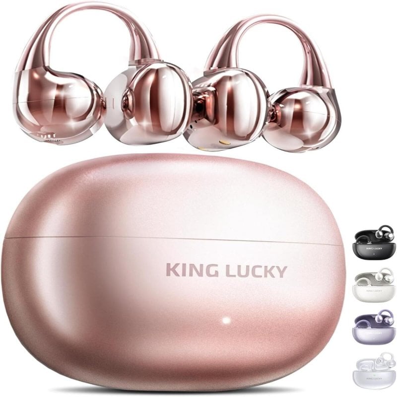Auriculares Kinglucky Clip On inalámbricos Bluetooth 5.4 con Cancelación de Ruido Micrófono y resistencia IPX4 Rosa