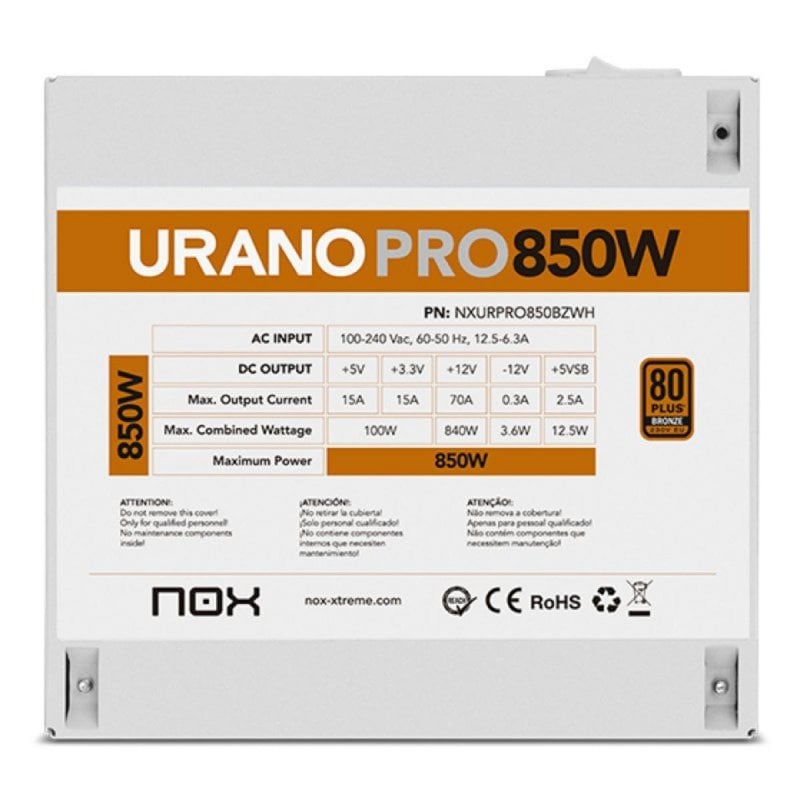 NOX Xtreme Products URANO Pro 850 W 80 Plus White Bronze – Fuente de Alimentación ATX con Ventilador Silencioso 120 mm PWM, Protección Integral ( OVP, UVP, OPP, SCP, OTP), PFC Activo, Cables