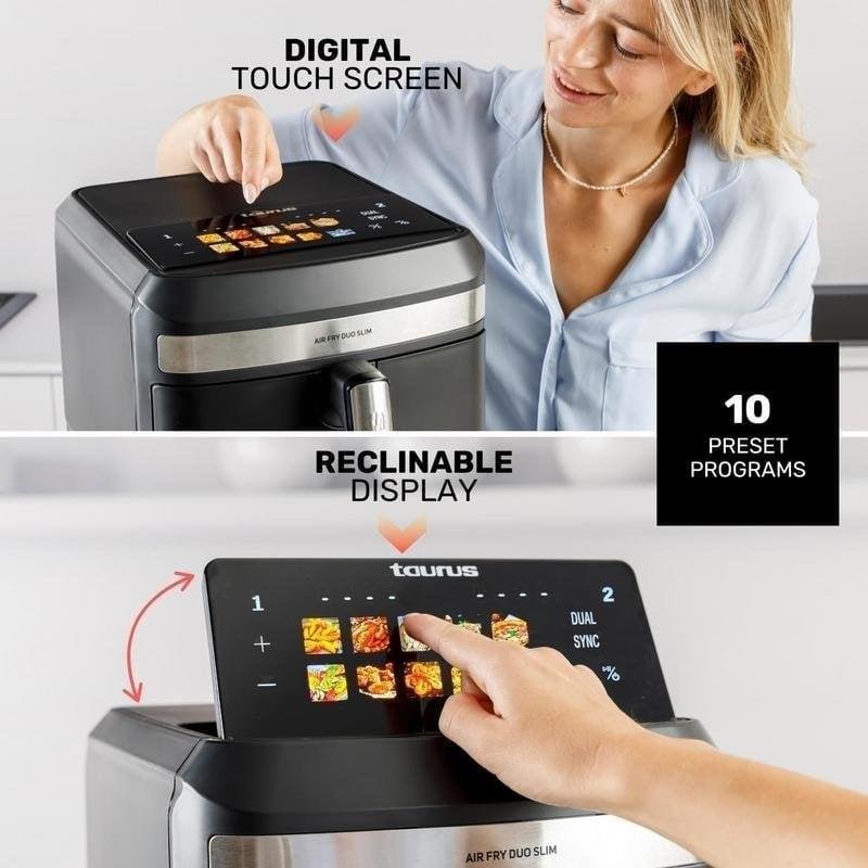 Taurus Air Fry Digital Duo 9L - Friggitrice Ad Aria Senza Olio Con Doppio Cestello 4,5L, 2600W, 12 Programmi, Touch Screen, Sync Finish, Senza BPA
