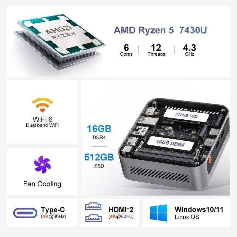 Ninkear M7 Mini PC AMD Ryzen 5 7430U 16GB 512GB SSD Windows 11 Pro