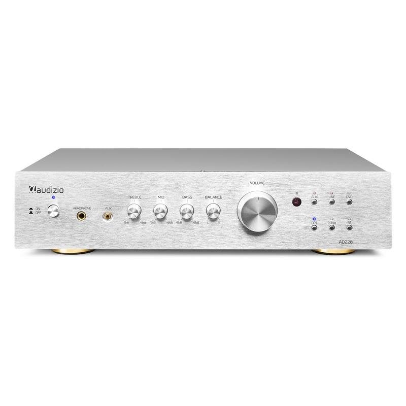 Amplificador Estéreo Audizio AD220 200W RMS Bluetooth 5.0 Control Graves y Agudos Plata