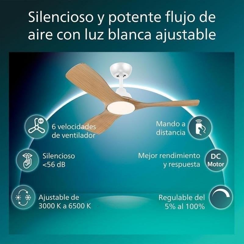 Ventilateur de Plafond avec Lumière Philips Olas 30W 107cm 6 Vitesses LED Télécommande Silencieux