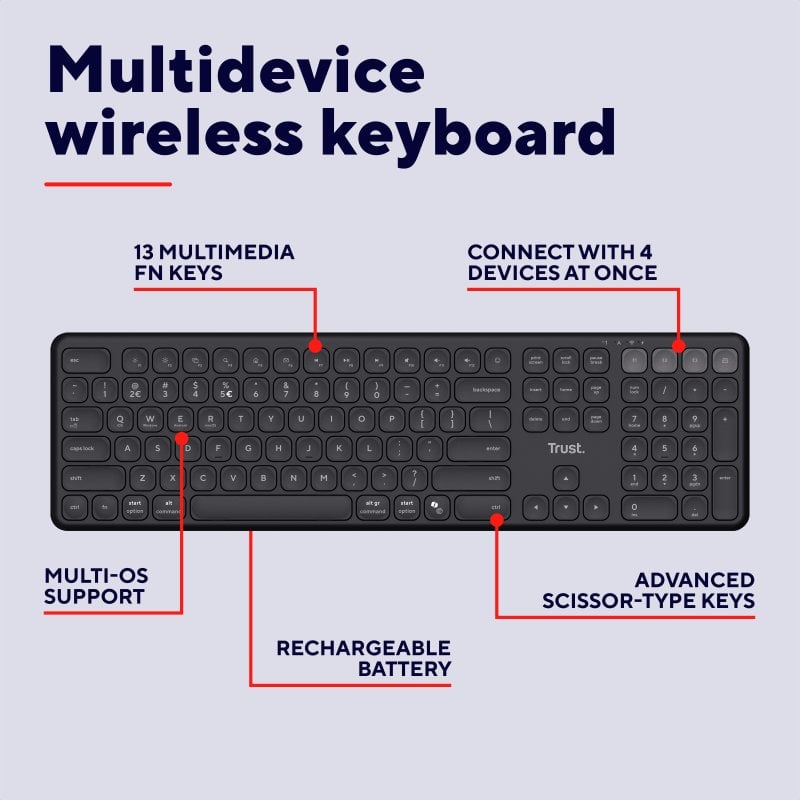 Clavier Trust Vaiya – Sans Fil Bluetooth + 2.4GHz AZERTY Français, Rechargeable - vue 2