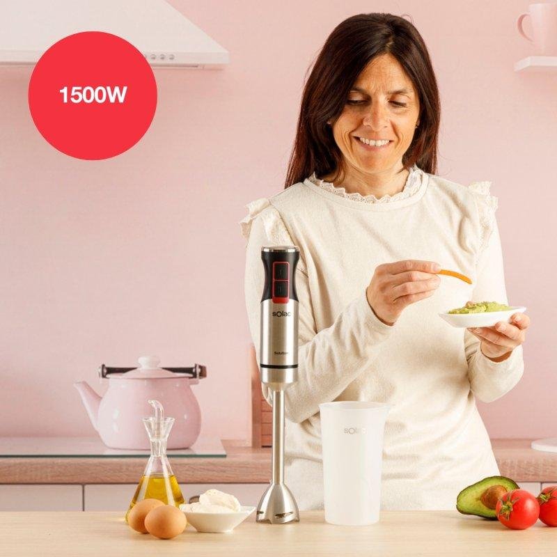 Ergonómica Antisalpicaduras Batidora De Mano Solac Solution 1503 - 1500W, 4 Cuchillas Inox, Turbo, Incluye Vaso Medidor Batidora Turbo Desmontable