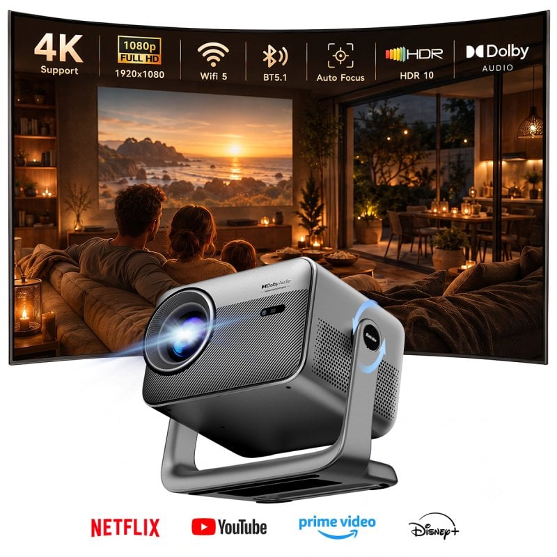Proyector Blackview PV1000 Max 1080P, decodificación 4K, 1500 Lúmenes, gimbal 360°, enfoque automático, VIDAA OS, Netflix/Apple TV