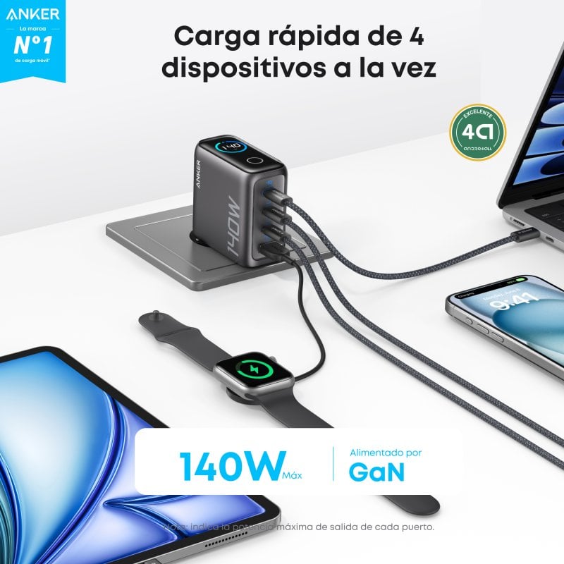 Netzladegerät mit USB-C Kabel Anker Zolo, 140W, 5A, 1 x USB-A - 3 x USB-C, Schwarz B2697GZ1
