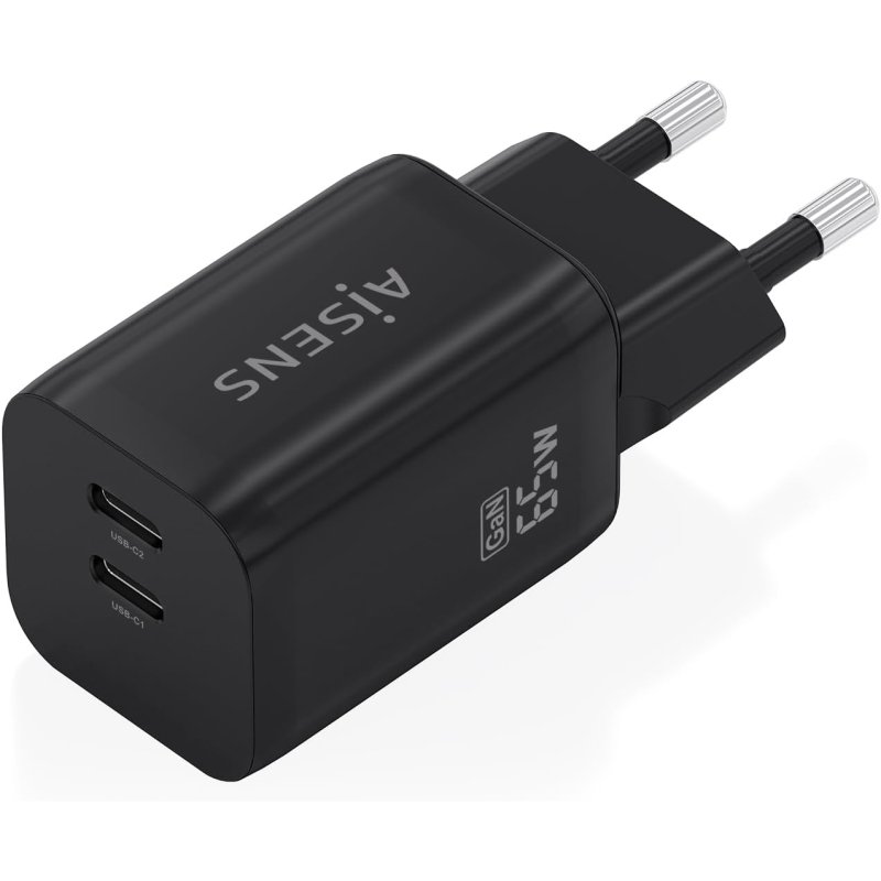 Cargador GaN AISENS 65W 2xUSB-C PD3.0 QC4.0 Negro