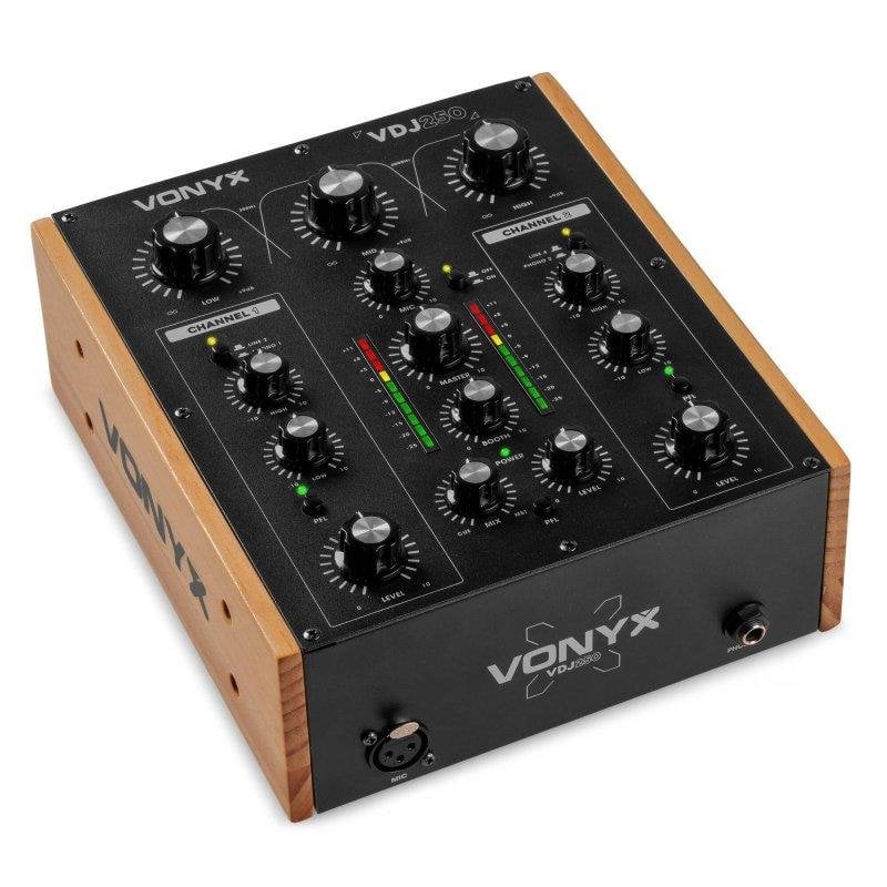 Mezclador DJ Analógico Vonyx VDJ250 2 Canales con EQ y Conectividad XLR/RCA