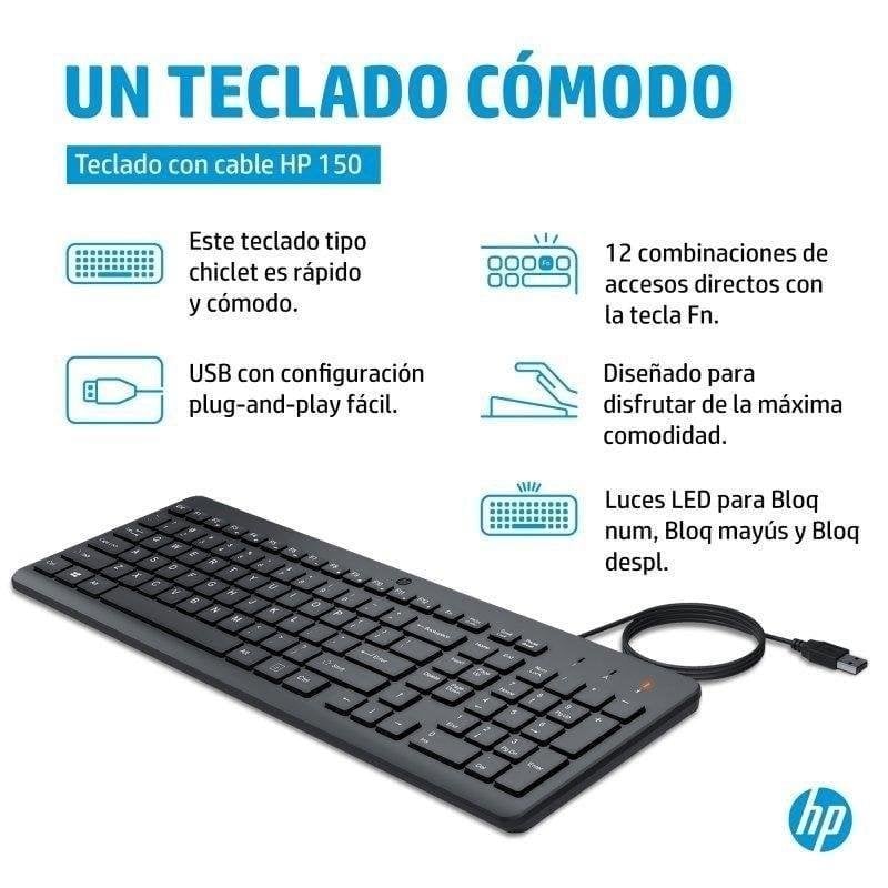 Clavier HP 150 WD complet filaire USB Type-A noir avec pavé numérique