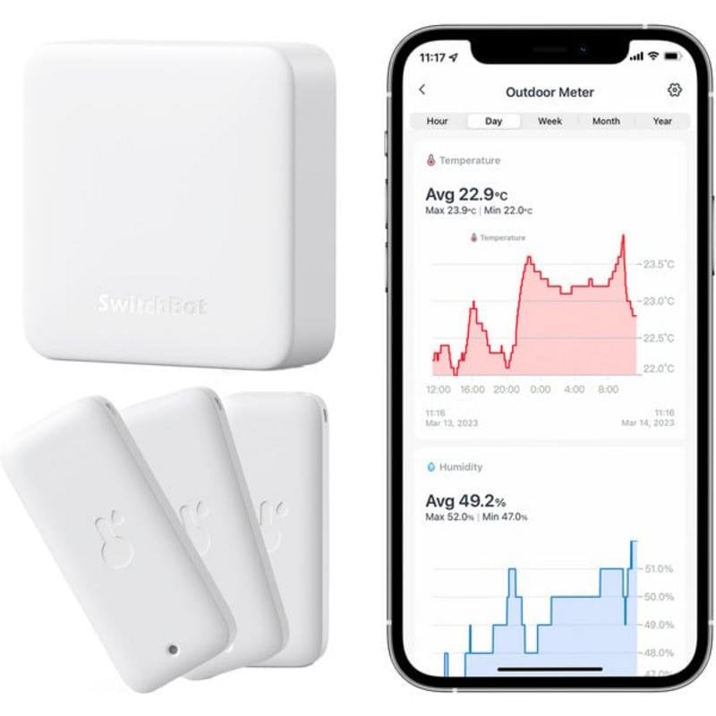 Sensor de temperatura y humedad SwitchBot con Hub Mini Wi-Fi y radio