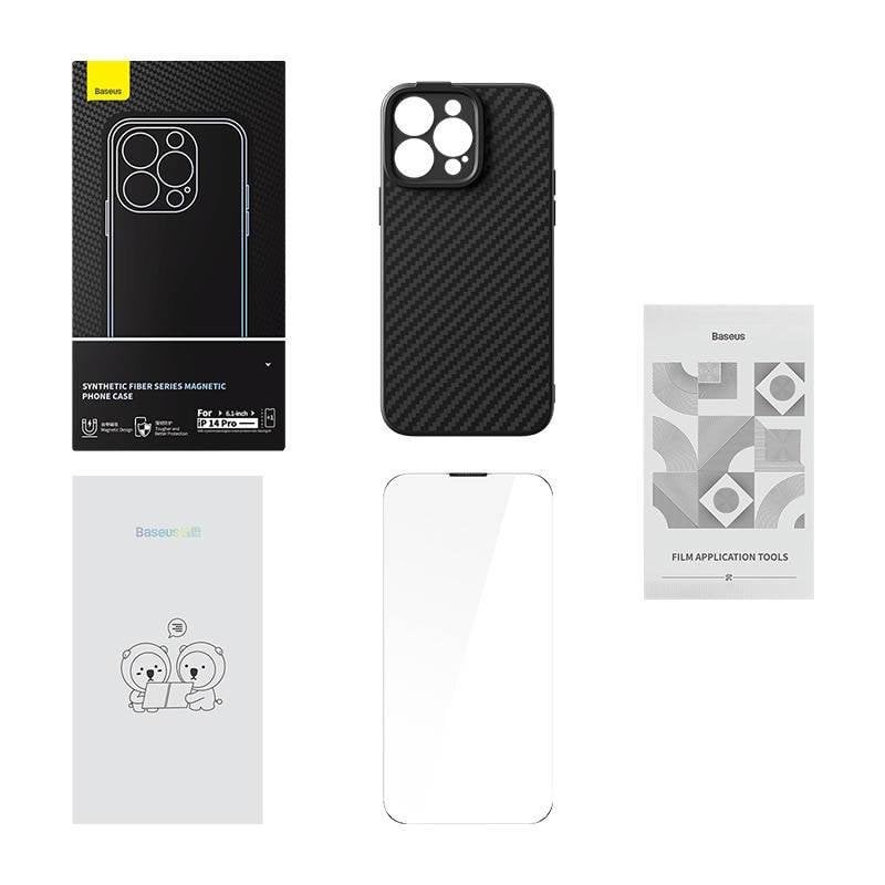 Custodia Baseus Synthetic Fiber Series TPU nera per iPhone 14 Pro con vetro temperato