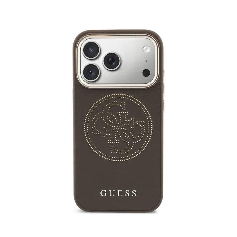Guess Hülle Lederoptik mit perforiertem Logo Braun MagSafe kompatibel iPhone 17 Pro Max
