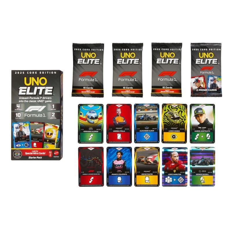 Mattel Jeu de cartes UNO Elite F1 GAMES Starter Set 112 cartes 4 boosters Elite Action 2 cartes collectors Noir