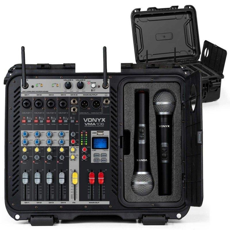 Mezclador de audio Vonyx VMA106 con amplificador 1200W y 2 micrófonos inalámbricos UHF
