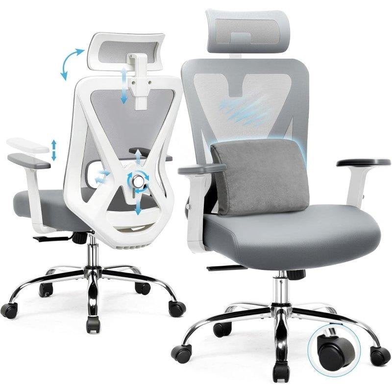 Silla Ergonómica GTPLAYER Ajustable Reposacabezas 3D Soporte Lumbar 3D Reposabrazos Plegables Gris