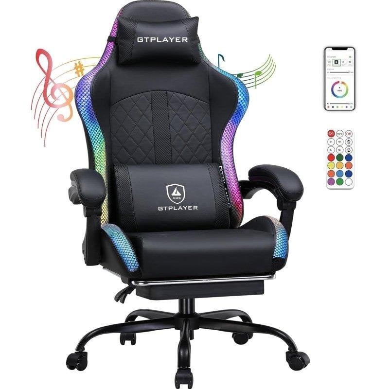 Silla Gaming GTPLAYER con Altavoces, Luz LED y Bolsillo Trasero - Negro