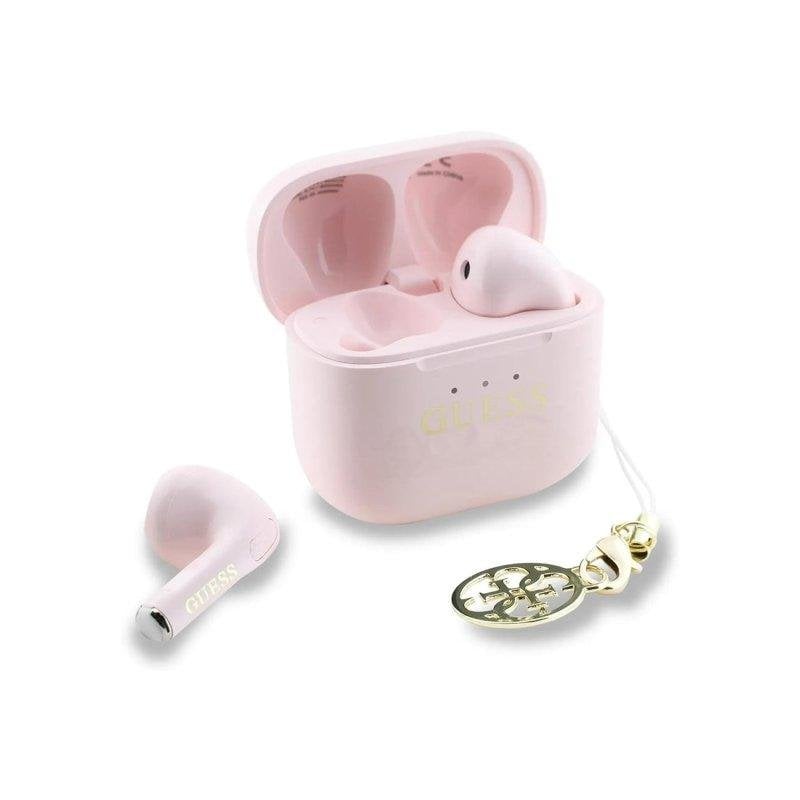 Auriculares Guess inalámbricos Bluetooth con acabado brillante, charm y estuche rosa