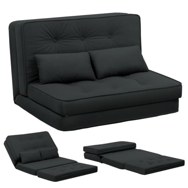 Sofá Plegable Para Suelo, 3 En 1 Sofá Cama Con Respaldo Ajustable En 6 Niveles, Con 2 Cojines Lumbares, Adecuado Para Salón, Dormitorio Y Camping - Negro