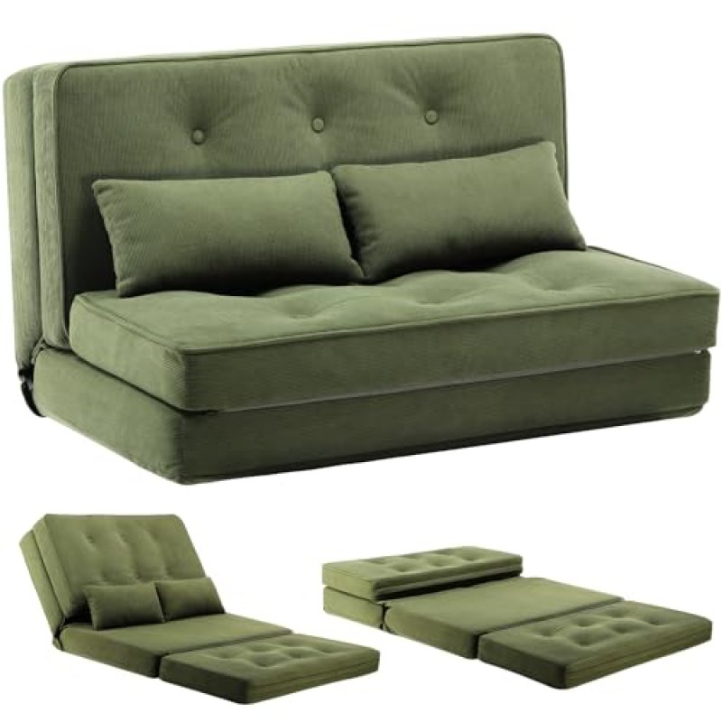 Sofá Plegable Para Suelo, 3 En 1 Sofá Cama Con Respaldo Ajustable En 6 Niveles, Con 2 Cojines Lumbares, Adecuado Para Salón, Dormitorio Y Camping - Verde