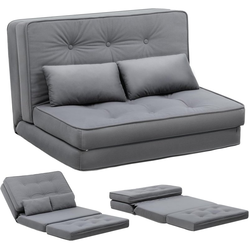 Sofá Convertible De 2 Plazas, Cama Pequeña, Sofá Con Respaldo Ajustable En 6 Niveles, Adecuado Para Salón, Dormitorio Y Camping - Gris