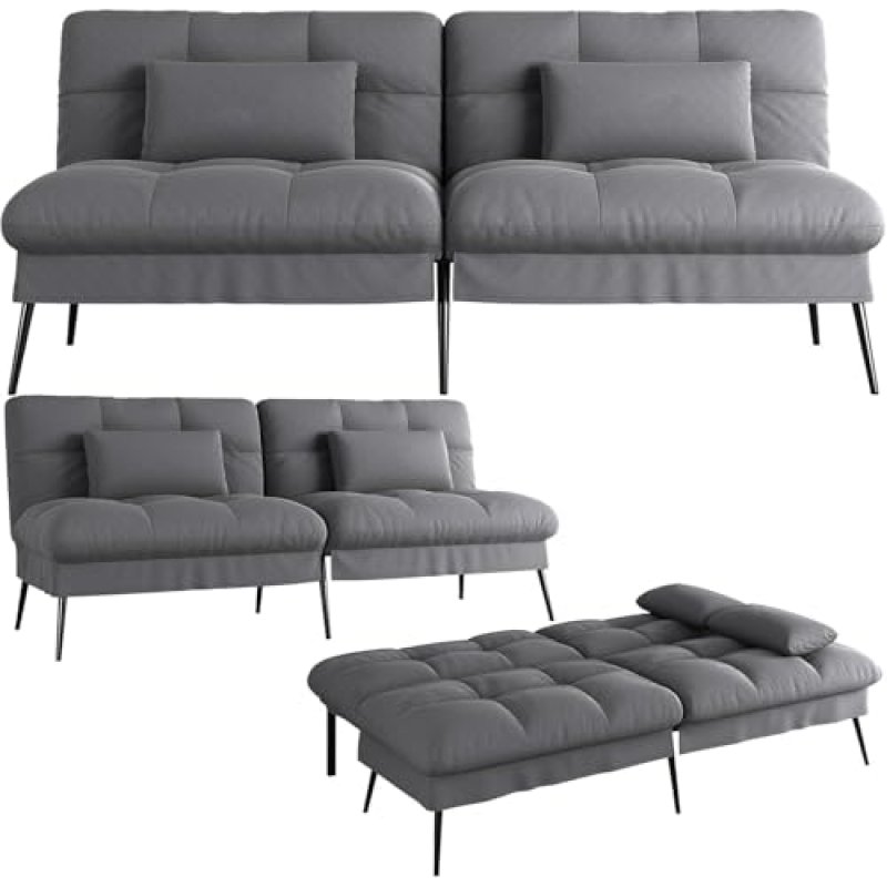 Sofá Cama Con Función De Cama, Funda Futón Abatible, Sofá Esquinero, Sofá Invitados 3 Plazas, Con Respaldo Ajustable En Tela Gris