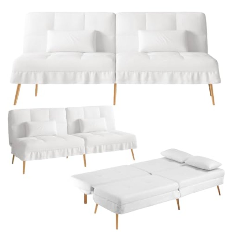 Sofá Cama Con Función De Cama, Funda Futón Plegable, Sofá Cama, Sofá Esquinero, Cama Invitados, Sofá 3 Plazas, Con Respaldo Ajustable En Tela Teddy - Blanco