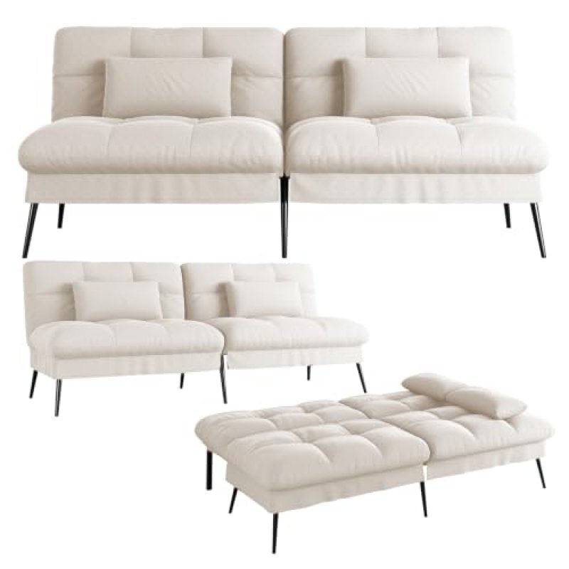Sofá Cama Con Función De Cama, Funda Futón Plegable, Sofá Cama, Sofá Esquinero, Cama Invitados, Sofá 3 Plazas, Con Respaldo Ajustable En Tela - Beige