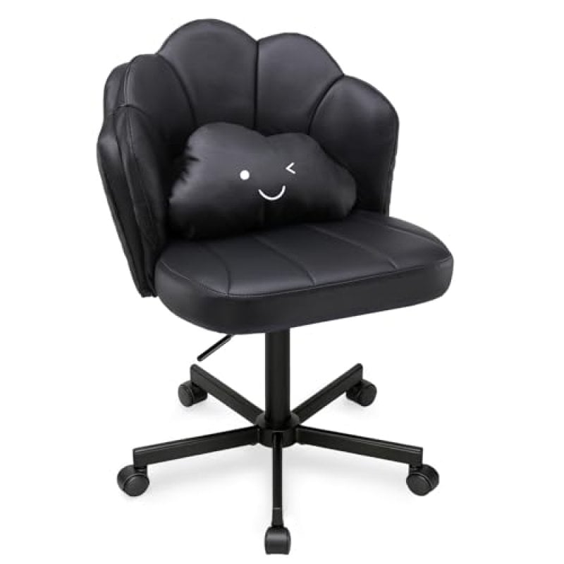 Silla De Escritorio En Forma De Flor Con Ruedas, Silla De Maquillaje Con Doble Respaldo Y Cojín Nube, Silla Giratoria Altura Ajustable, Silla De Oficina Para Dormitorio Homeoffice, Cuero Pu - Negro
