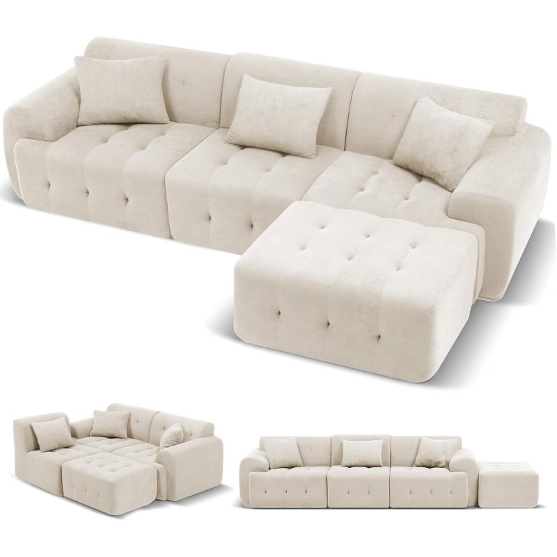 Sofá Esquinero, 245 X 60 X 40 Cm, Sofá Modular Con Función De Cama, Sofá Cama, Sofá En Forma De L Para Salón, Envasado Al Vacío, Combinable Flexiblemente Con Otomana - Gris Beige - Con chaise longue