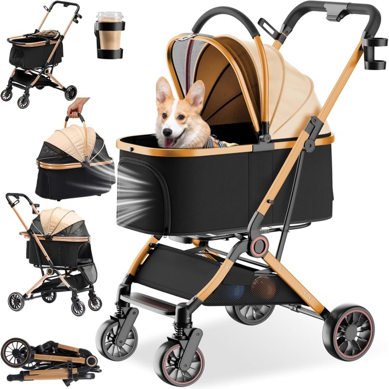 Gtplayer Carrito Para Mascotas 4 En 1 Plegable 25kg 360° Ventana Dosel Portavasos - Dorado