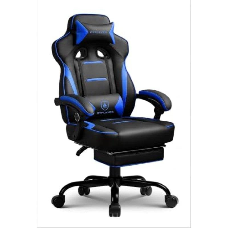 Silla gaming GTPLAYER ergonómica con reposapiés, soporte lumbar y reclinable 155° azul