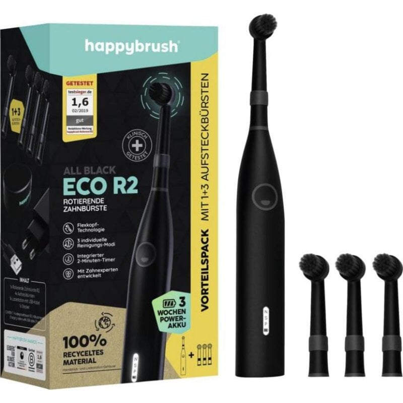 Cepillo de dientes vibratorio Happybrush ECO R2 Allblack 3 Modos 4 Cabezales Temporizador