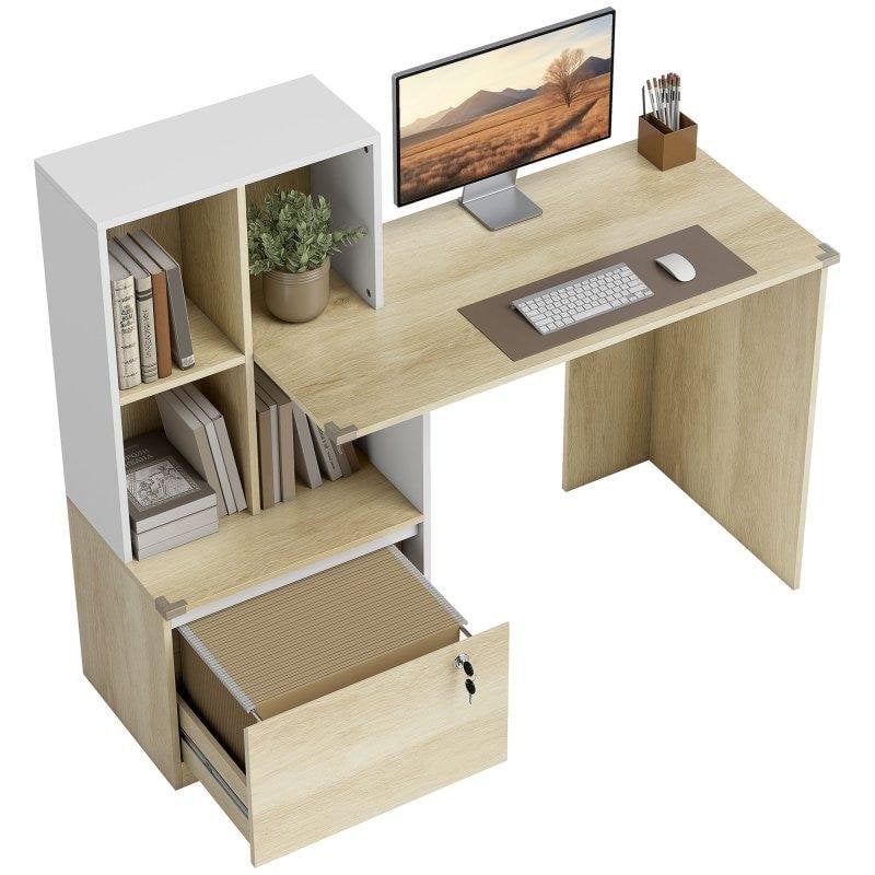 Escritorio Homcom con 4 estantes y cajón archivador A4 con cerradura roble