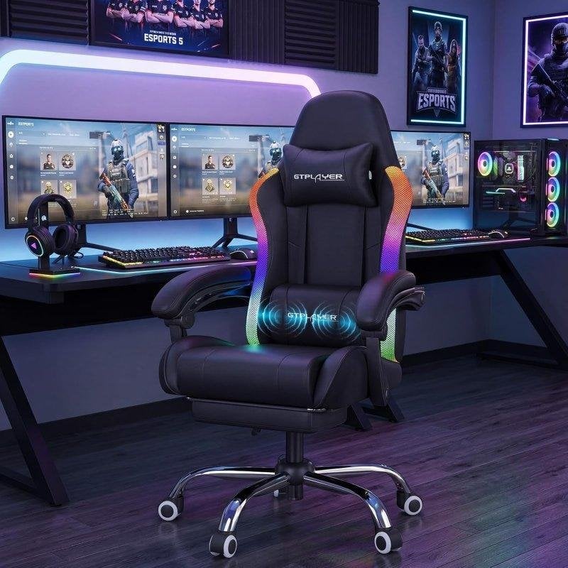 Chaise gaming ergonomique GTPLAYER RGB LED massage repose pieds simili cuir - vue 2