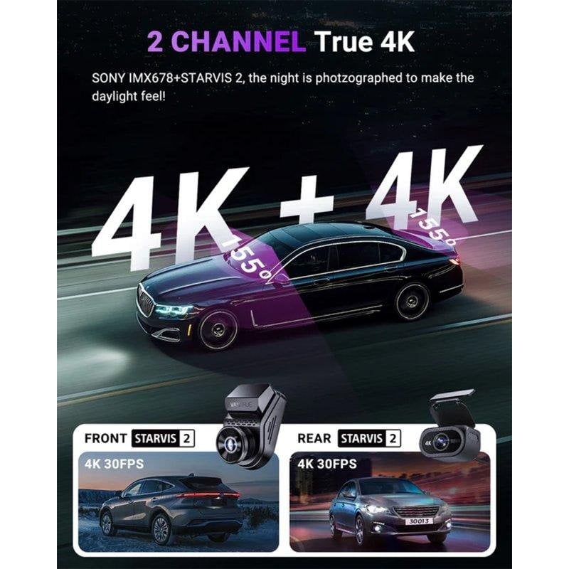 Vantrue S1 Pro Max dashcam avant et arrière 4K+4K + double caméra embarquée avec vision nocturne Starvis2 HDR PlatePix WiFi 5 GHz GPS LTE en option Neuf - vue 4