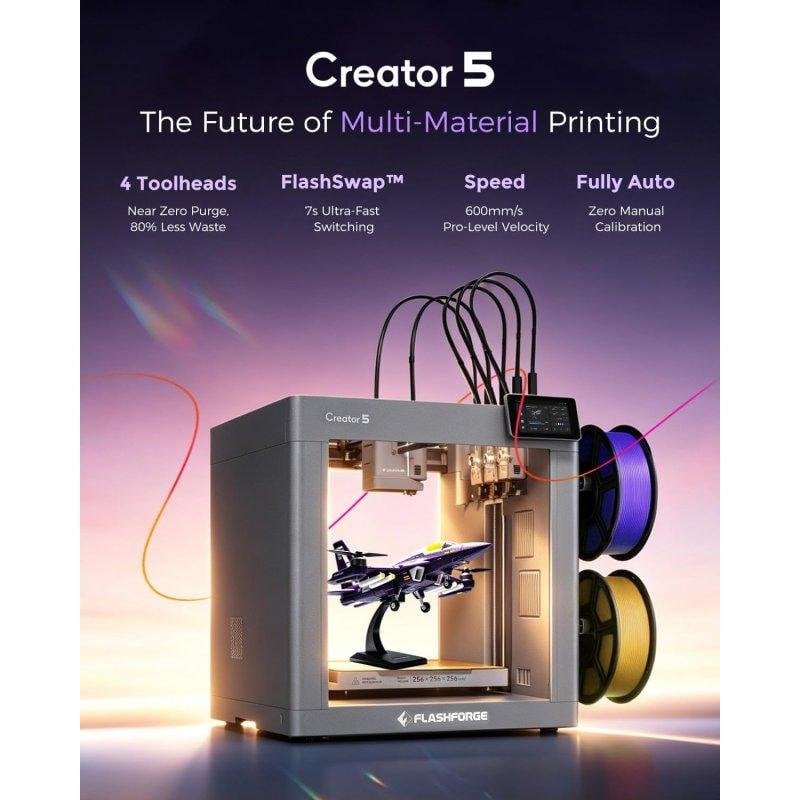 Flashforge Creator 5 Imprimante 3D – 4 têtes indépendantes véritable changement d'outil en 7s réduction jusqu'à 80 % des déchets déplacement 600 mm/ matériaux calibrage automatique Neuf - vue 4