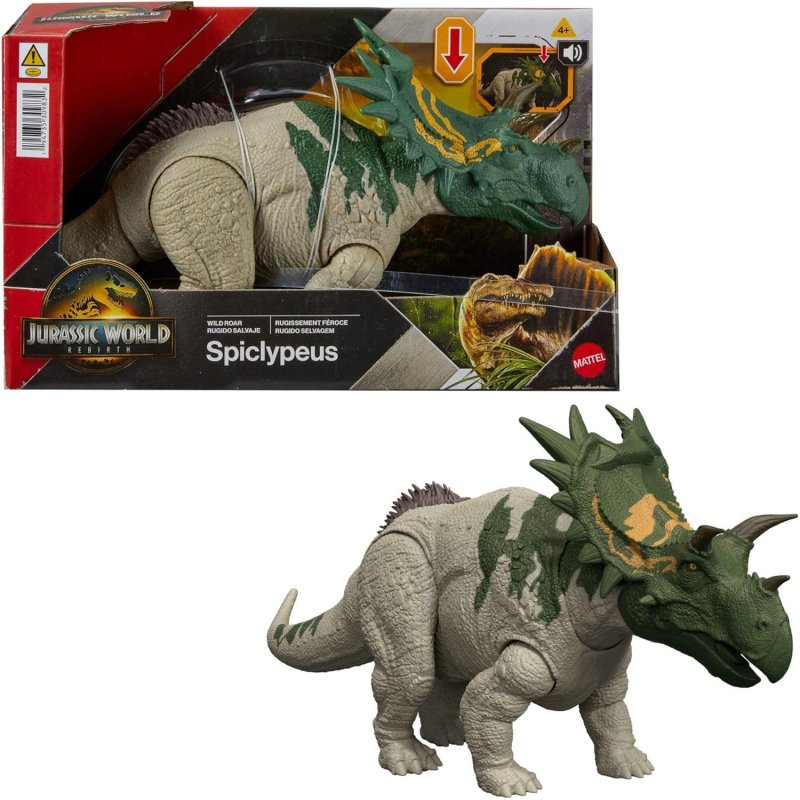 Mattel Jurassic World : Renaissance Figurine articulée Spiclypeus Rugissement féroce dinosaure avec coup de tête activé en bougeant la queue attaque et son jeu virtuel JGB89
