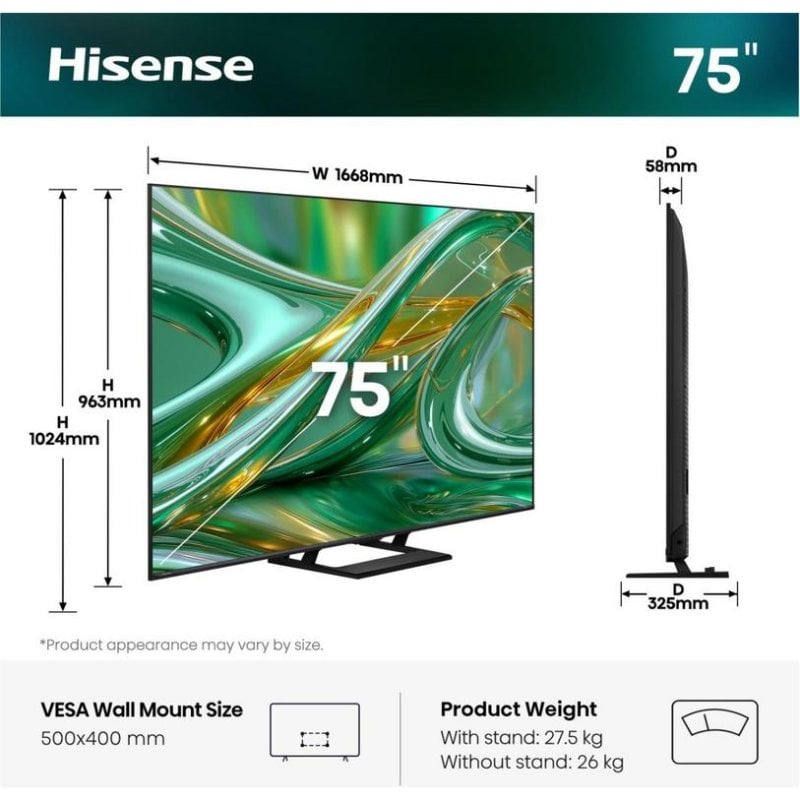 TV Hisense DLED 75E8S 75 4K UltraHD 144Hz Smart TV VIDAA Dolby Vision IQ Atmos