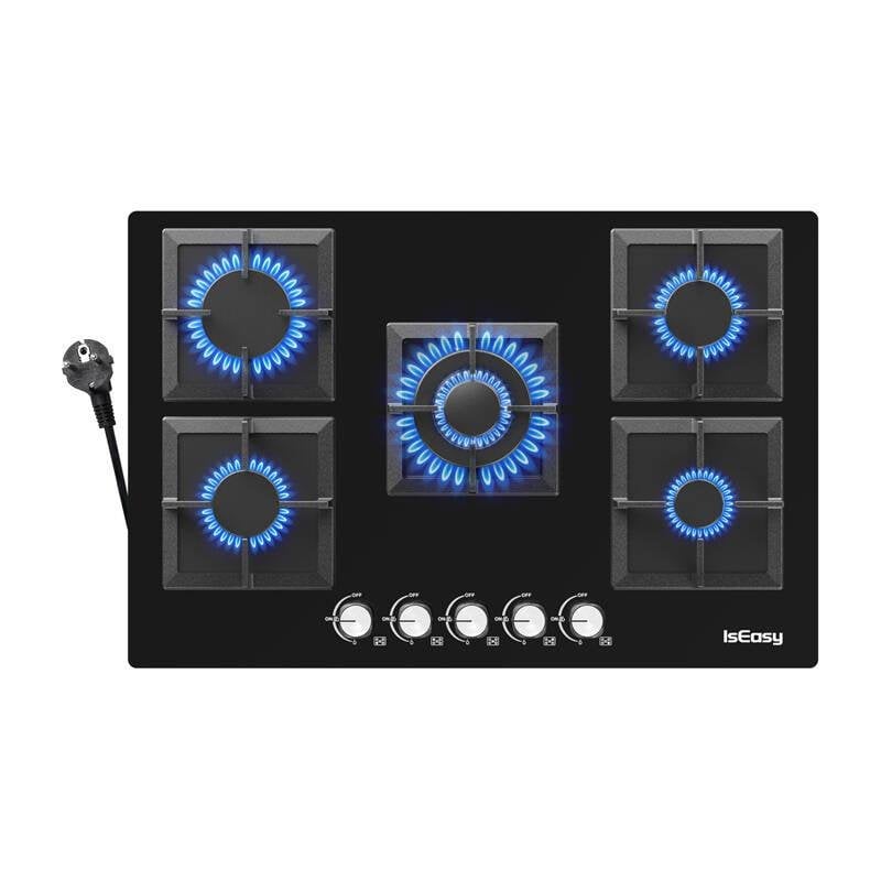 Placa de gas IsEasy MGBG-775S2 5 fuegos vidrio negro empotrable 77 x 51 cm