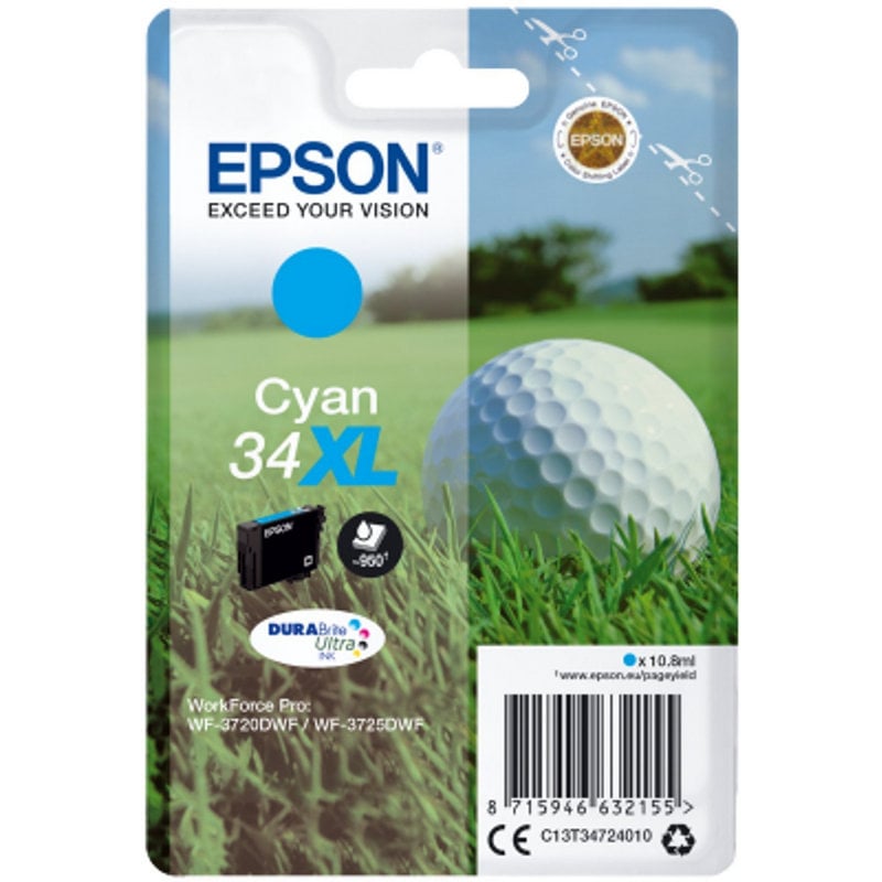 Image of Epson Golf ball Singlepack Cyan 34XL DURABrite Ultra Ink