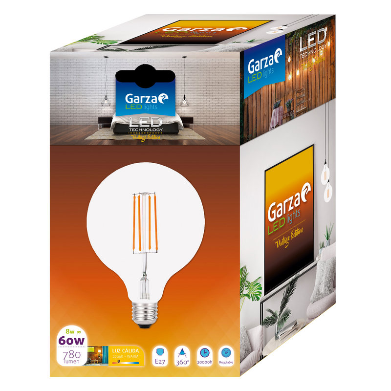 Garza Globo 125 Bombilla Filamento LED 8W E27 Blanco Cálido