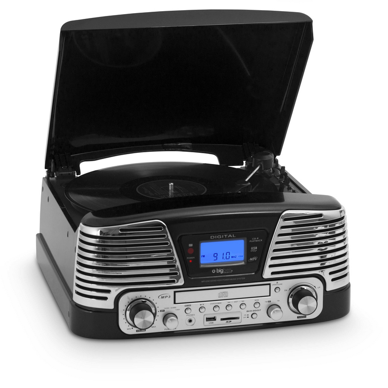 Platine Tourne-disque BigBen – 3 Vitesses (33/45/78 Tours) – Lecteur CD/MP3, USB, SD – Radio AM/FM – Haut-parleur Intégré