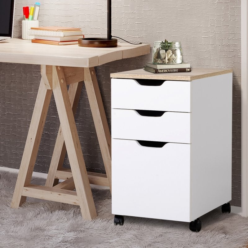 Cajonera con Ruedas y 3 Cajones Blanca/Madera Natural
