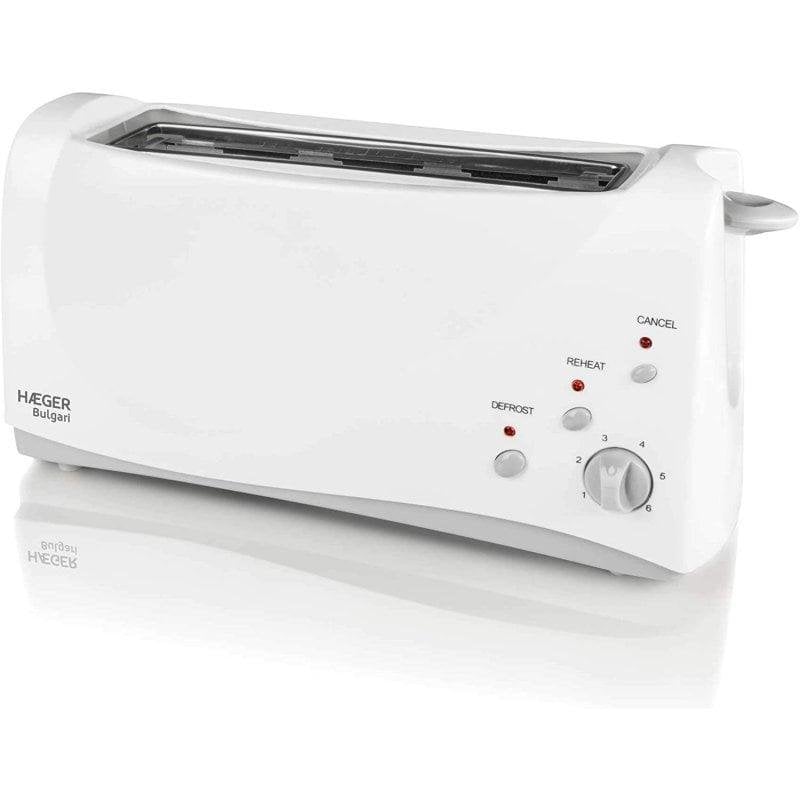 Haeger Bulgari broodrooster 2 sneetjes, 1 extra lange brede sleuf 1000 W, 6 bruiningsstanden, ontdooifunctie, wit