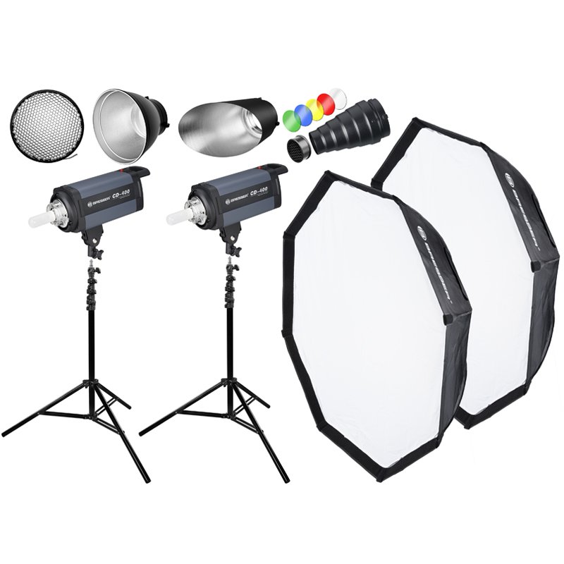 Bresser CD400 Pack 2 Flashes de Estudio 400W + Conjunto Nº1 Accesorios de Estudio