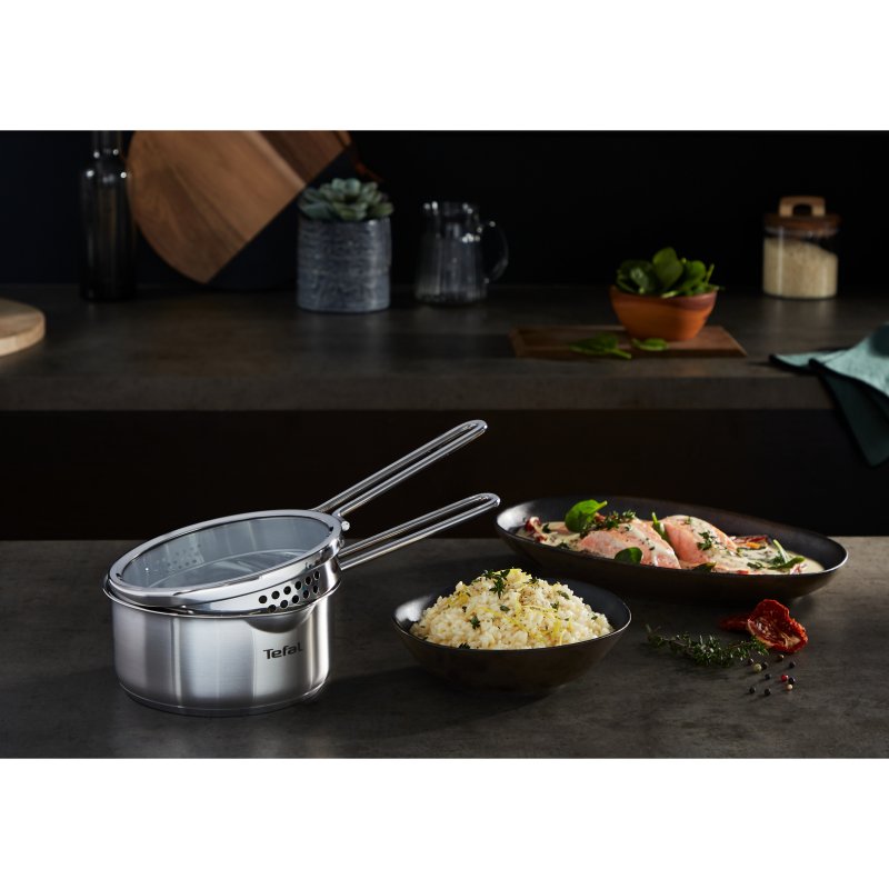 Tefal H8522235 Casseruola Nordica, Diametro 16 Cm, Acciaio Inox 18/10, Con Coperchio In Vetro E Funzione Colino, Adatta A Induzione