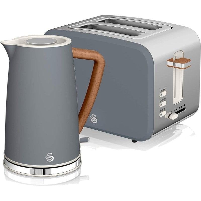 Set petit-dejeuner Swan Nordic avec grille-pain 2 fentes larges 900 W, 6 niveaux et bouilloire 1,7 L, gris