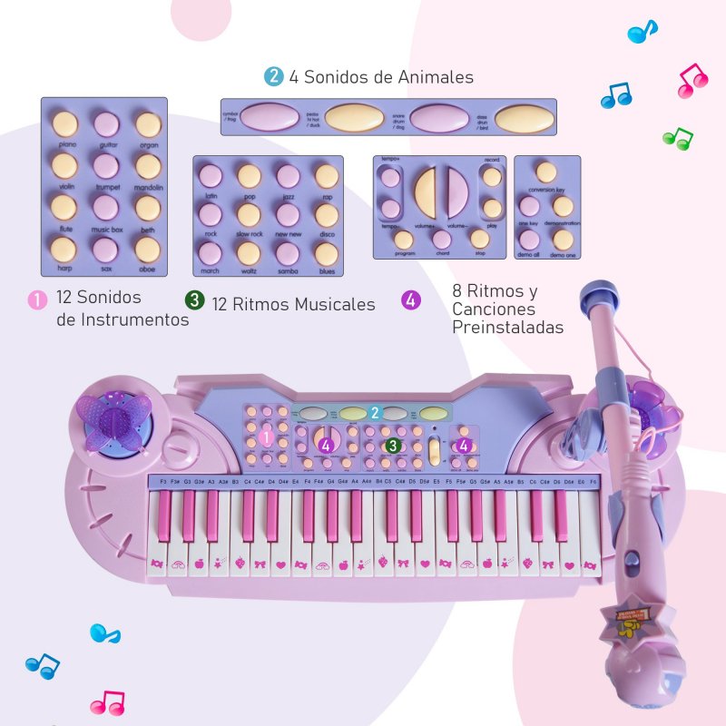 HOMCOM Piano Infantil 37 Teclas Teclado Electrónico Juego de Piano con  Micrófono Taburete Luces y 22 Canciones USB/MP3 Karaoke Modo de Enseñanza  Rosa